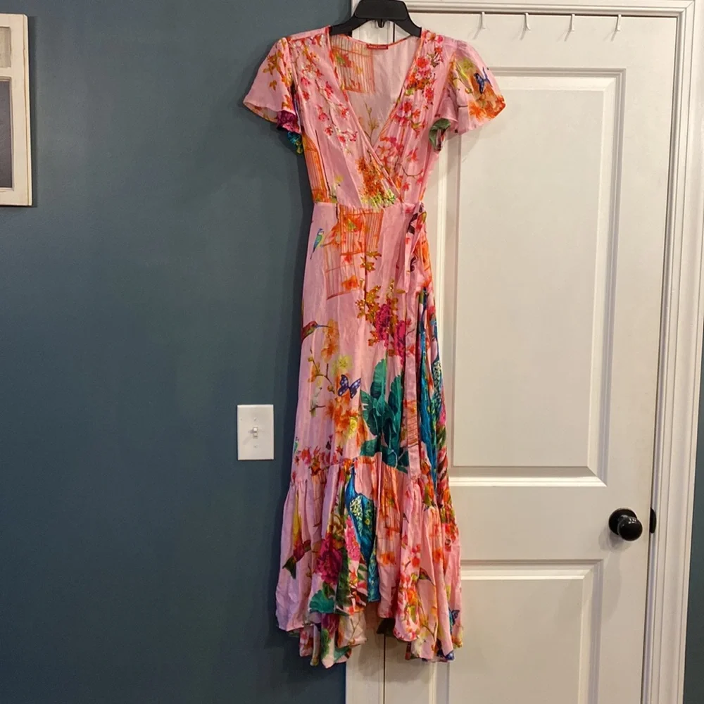Floral Pink Wrap Maxi Dress with Tie Waist